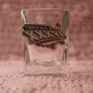 NFL Super Bowl XXXVI Shot Glass - Clear with Red and Black Logo